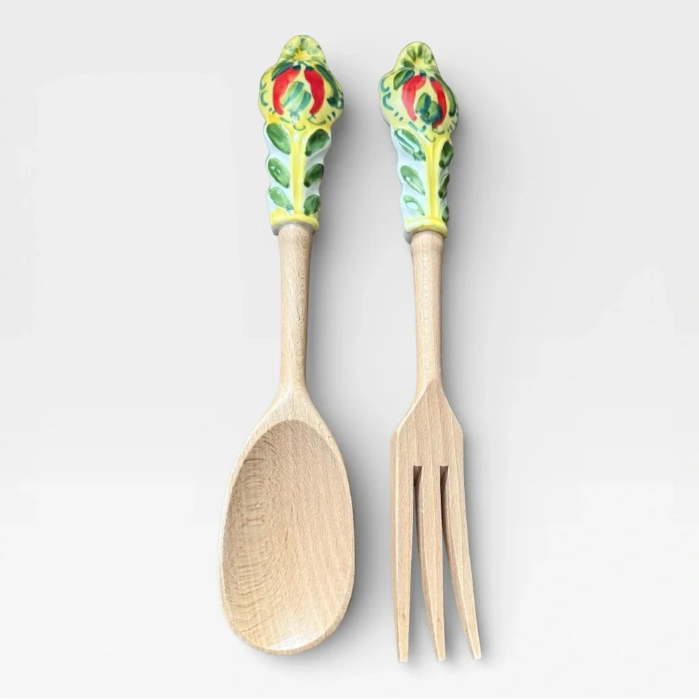 Orvieto Hand-Painted Red Chili Design Ceramic & Wood Salad Serving Fork & Spoon